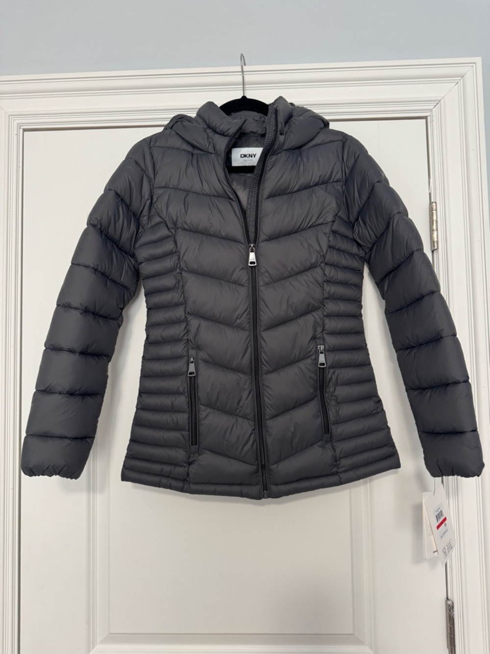 DKNY Women's Charcoal (Titan) Full Zip Hooded Puffer Jacket